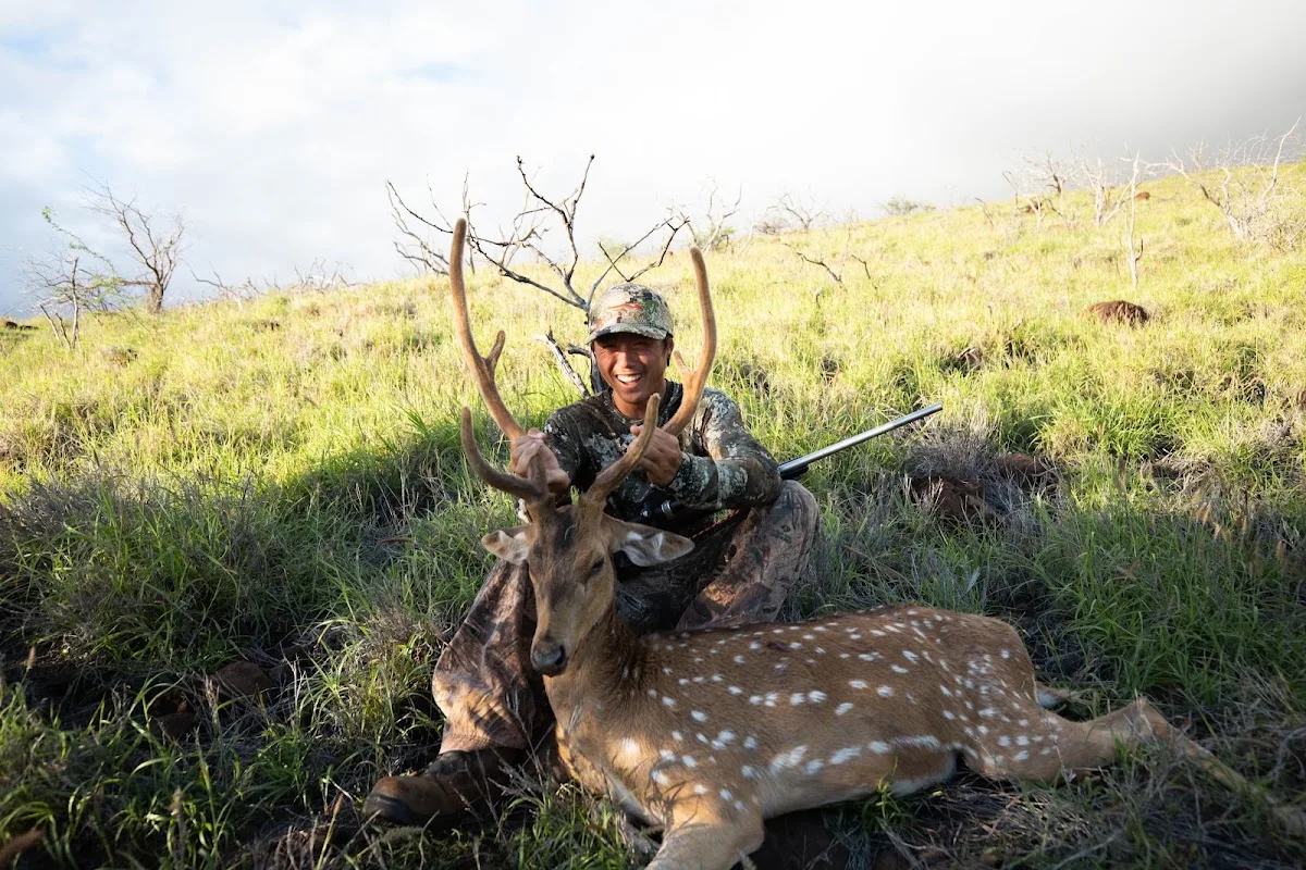 A hunter kneels behind a harvested axis buck on a grassy hillside.
